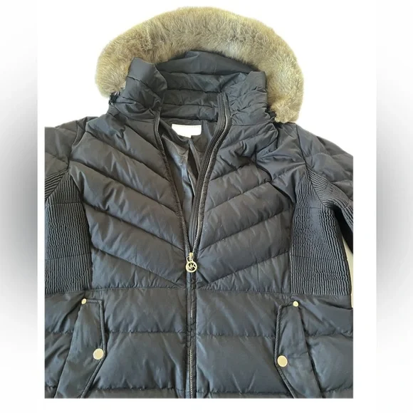 Michael Kors Women Down Coat Puffer Faux Fur Trim Hooded Plus 1X Black Gold - Picture 7 of 11